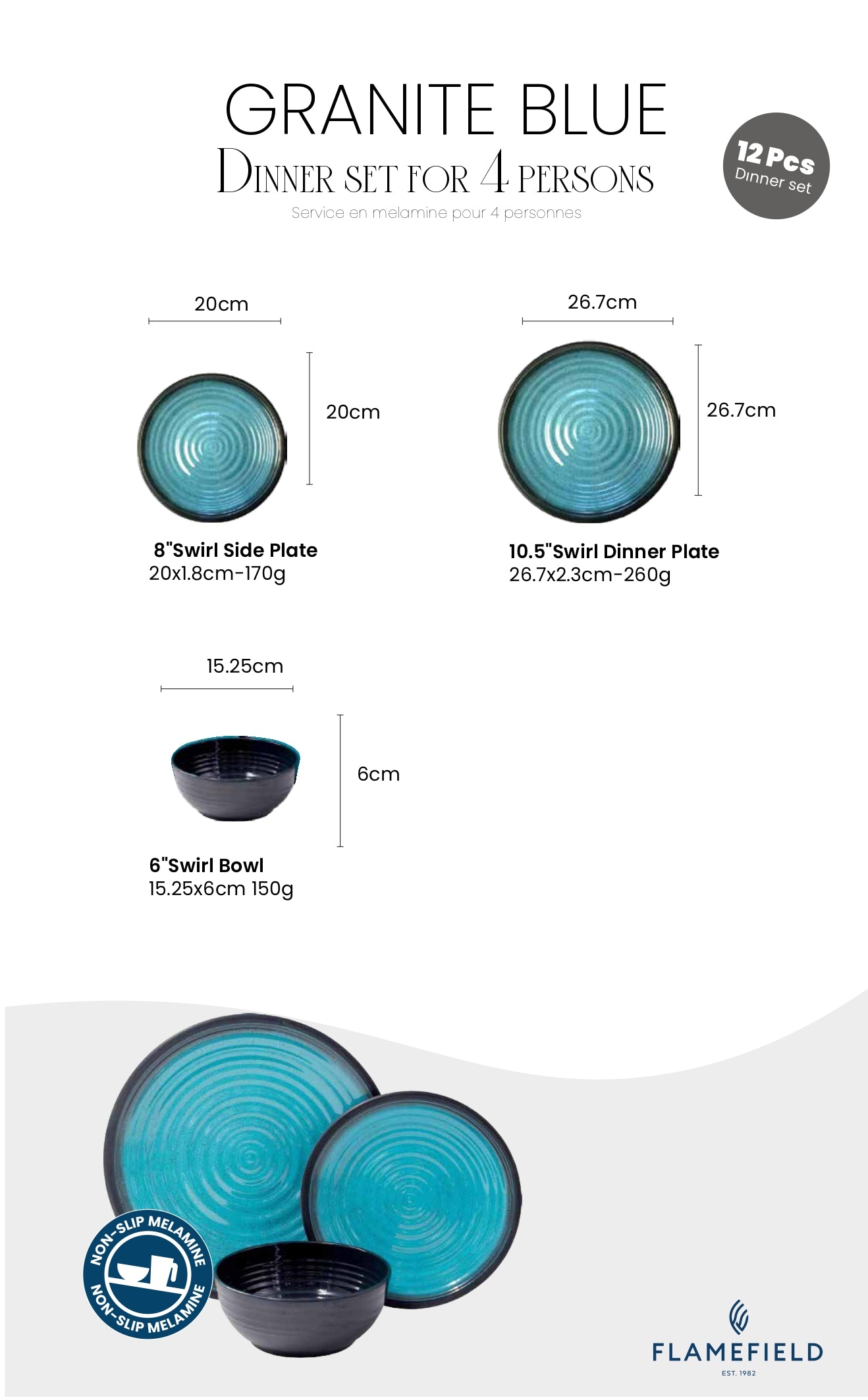 Assiette à dîner en mélamine Flamefield Granite Aqua, 4 pièces